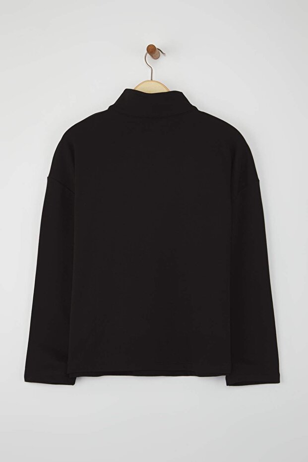 Siyah Oversize/Geniş Kalıp Düğme Detaylı Dik Yaka Kalın Örme Sweatshirt TWOAW26SW00027 - 6