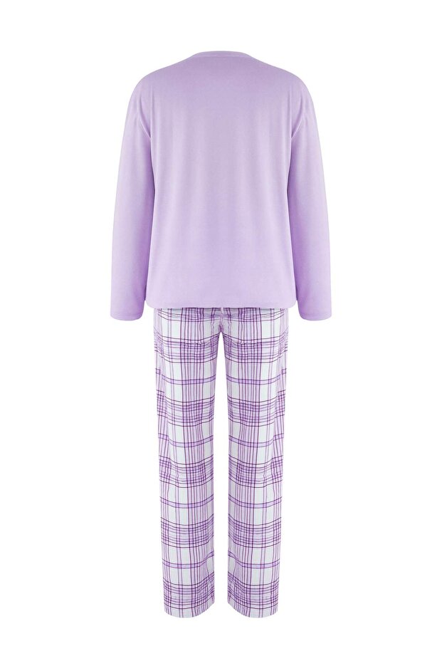 Teen Lila Ekoseli Kedi ve Slogan Baskılı Örme Pijama Takımı THMAW26PT00047 - 6