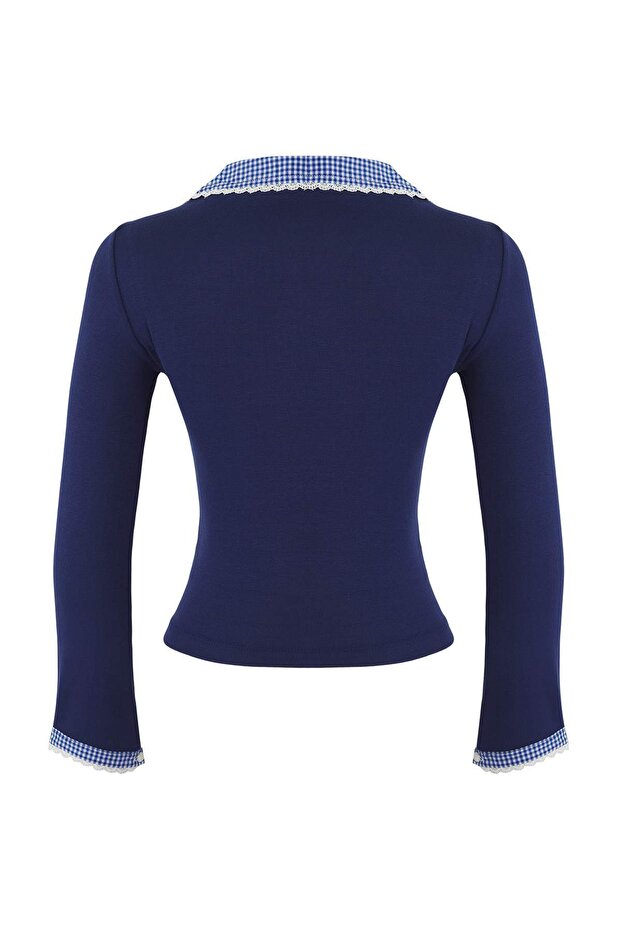 Teen Lacivert Ekose/Kareli Fitted/Vücuda Oturan Dokuma Detaylı Örme Bluz TWOAW26BZ00008 - 6