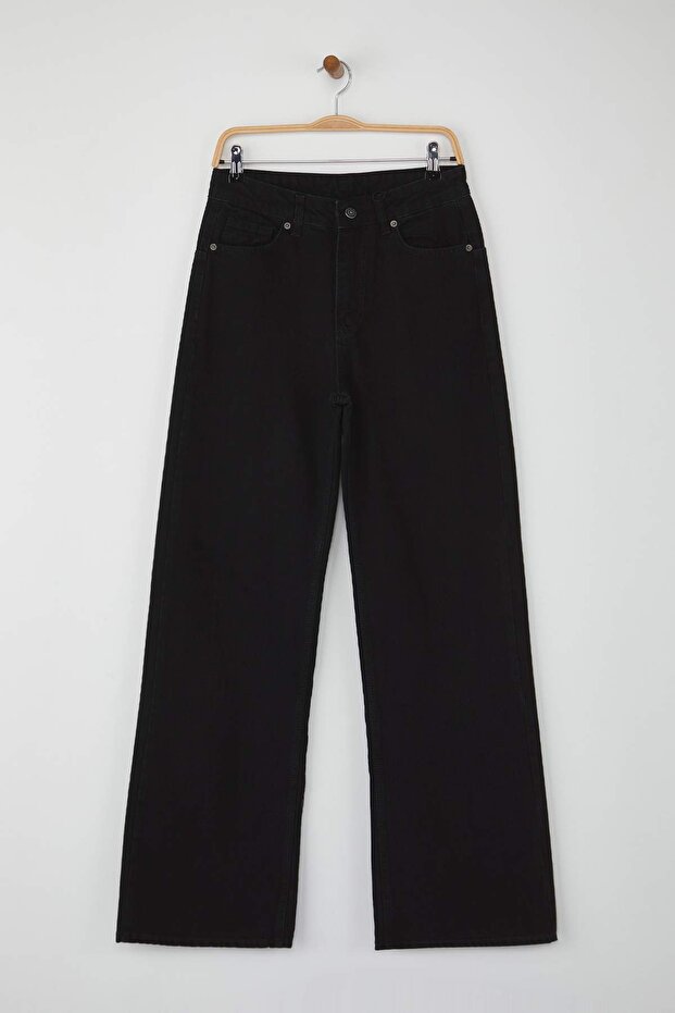 Siyah Yüksek Bel Kuşgözü Bağlama Detaylı Wide Leg Palazzo Jeans TWOAW26JE00128 - 5