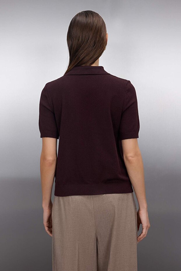 Kahverengi Polo Yaka Premium İplik / Özel İplik Triko İnce Bluz TWOSS25BZ00184 - 4