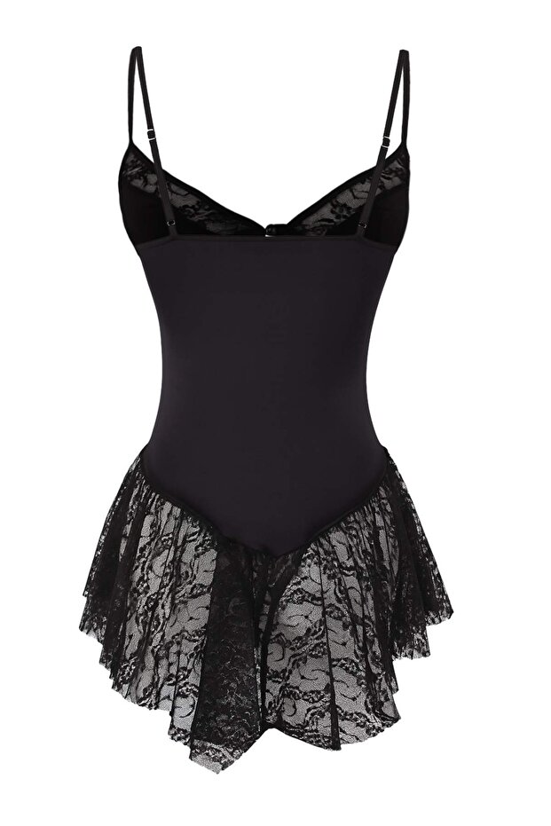 Siyah Dantelli Düğmeli Askılı Kapsız Külotlu Babydoll/Fantezi Gecelik THMAW26LL00003 - 6