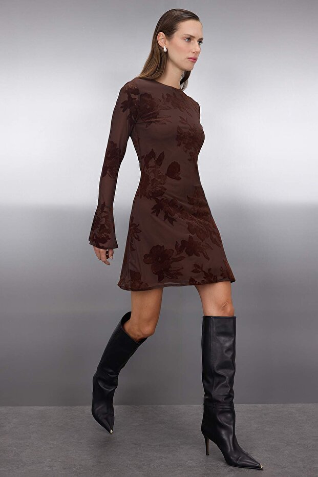 Çok Renkli Flok Baskılı Bodycon Mini Tül Flare Kollu Astarlı Esnek Örme Elbise TWOAW26EL00029 - 2