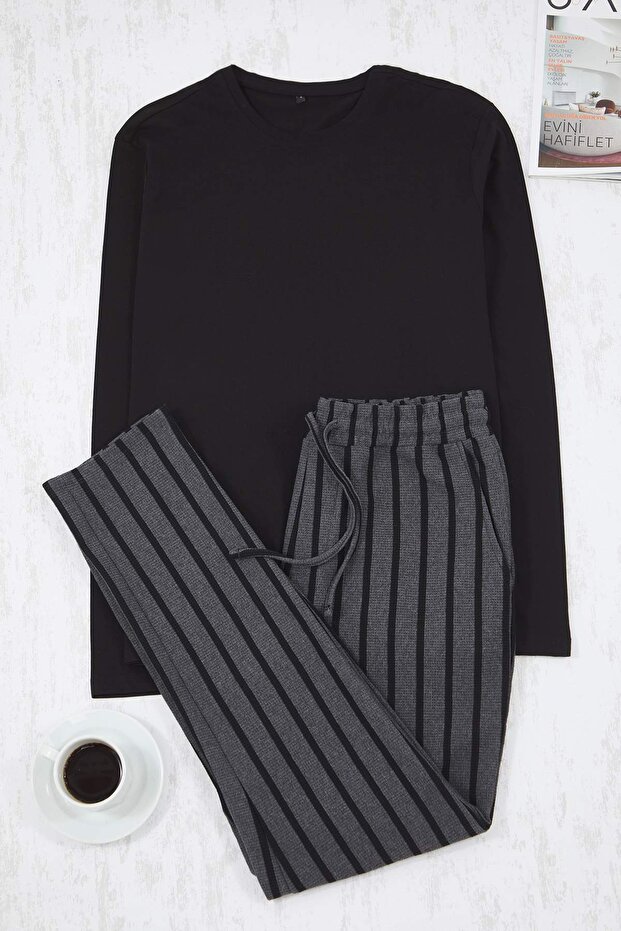 Siyah - Antrasit Regular Fit Çizgili Dokulu Örme Pijama Takımı TMNAW26PT00006 - 6