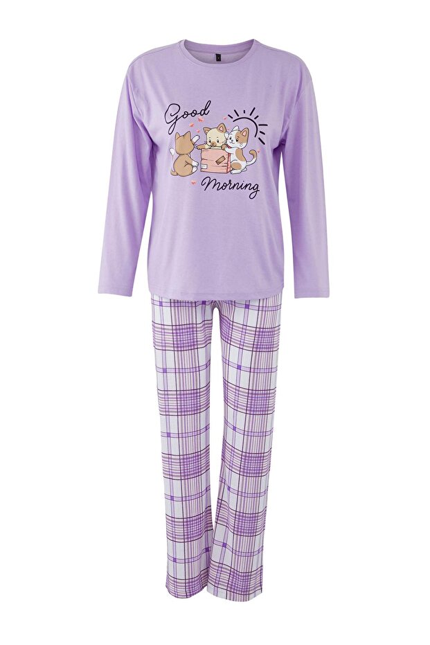 Teen Lila Ekoseli Kedi ve Slogan Baskılı Örme Pijama Takımı THMAW26PT00047 - 5