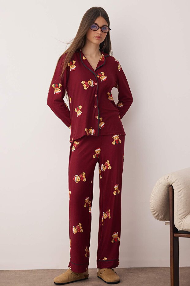 Bordo %100 Pamuklu Ayıcıklı Yılbaşı Temalı Biyeli Örme Pijama Takımı THMAW26PT00043 - 1