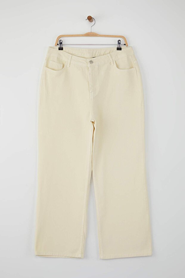 Ekru Yüksek Bel Geniş Paça Büyük Beden Wide Leg Jeans TBBAW26CJ00003 - 6