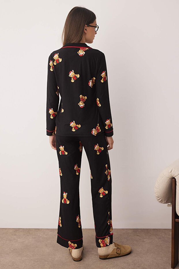 Siyah %100 Pamuklu Ayıcıklı Yılbaşı Temalı Biyeli Örme Pijama Takımı THMAW26PT00043 - 4