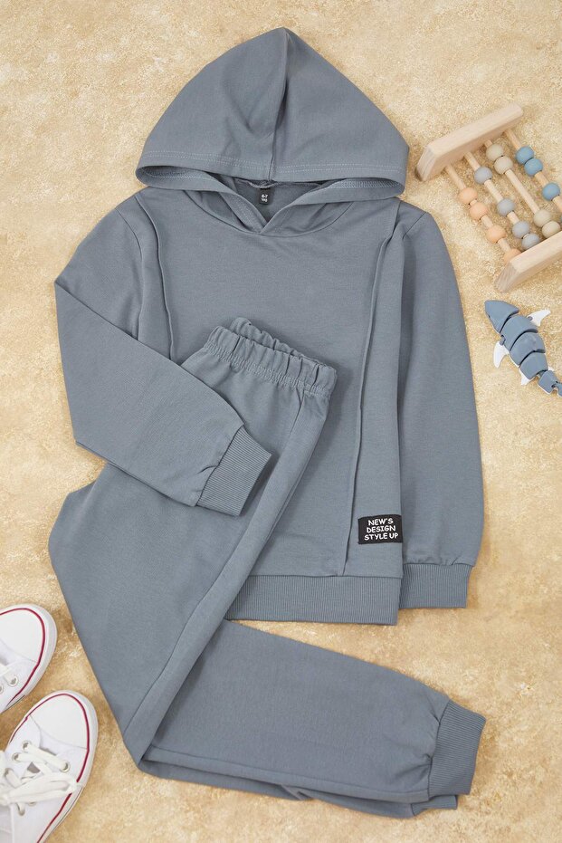 Antrasit Pamuklu Düz Kapüşonlu Örme Erkek Çocuk Sweatshirt ve Eşofman Alt-Üst Takım TKDAW25AU00058 - 1