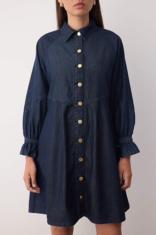 Koyu Mavi Pileli Kol Detaylı Mini Denim Gömlek Elbise TWOAW26EL00035 - 4