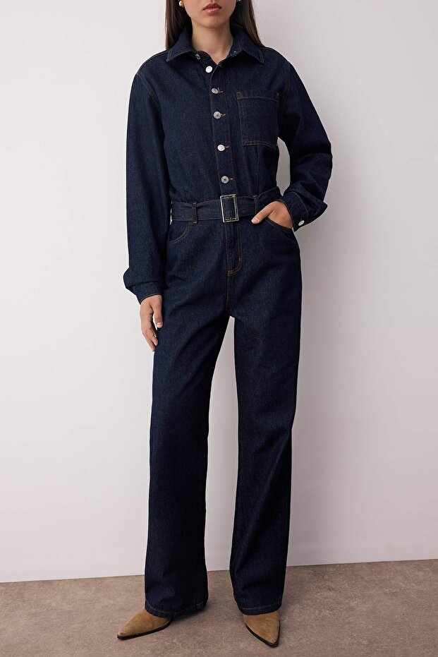 Koyu Mavi Kemerli Geniş Paça Denim Tulum TWOAW26TU00003 - 2