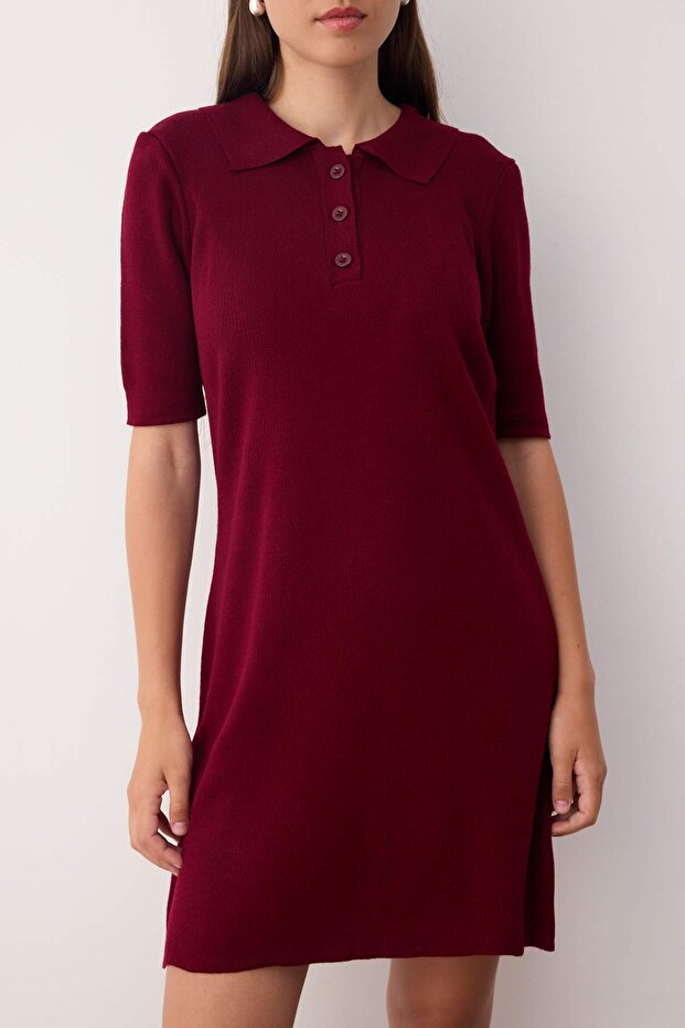 Bordo Renk Bloklu Kısa / Mini Polo Yaka Triko Elbise TWOAW26EL00105 - 3