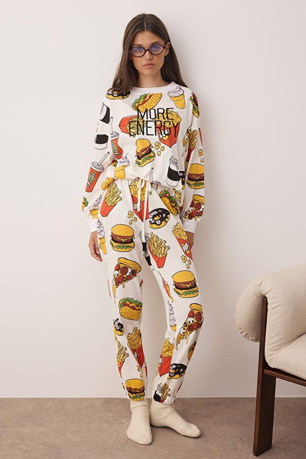 Beyaz %100 Pamuklu Slogan Nakışlı Desenli Örme Pijama Takımı THMAW23PT00064 - 1