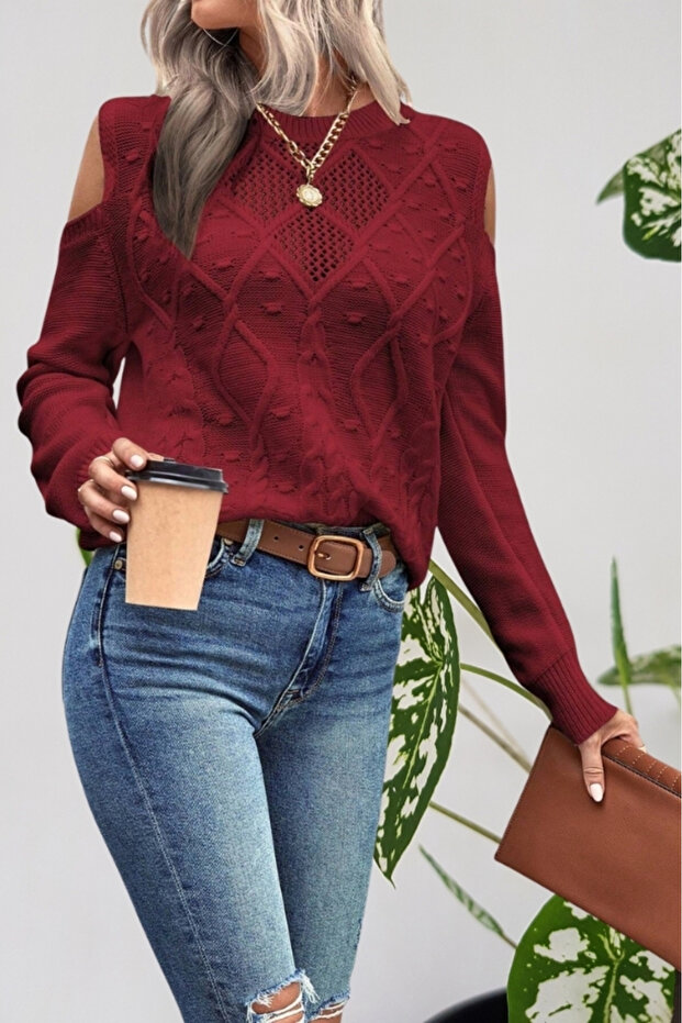 Women's Crew Neck Mesh Detailed Hair Braid Execution Patterned Shoulder Detailed Burgundy Knitwear Sweater