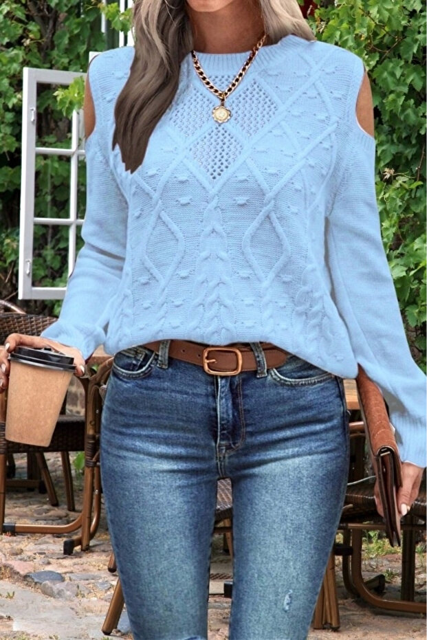 Women's Crew Neck Mesh Detailed Hair Braid Execution Patterned Shoulder Detailed Baby Blue Knitwear Sweater