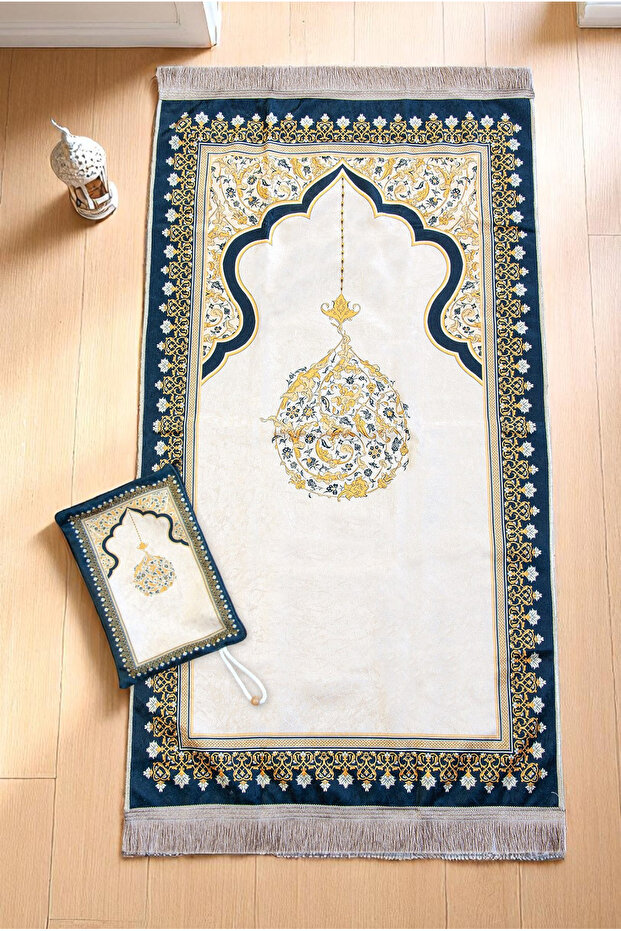 Portable Pouch-Style Mihrab Patterned Silk Textured Velvet Prayer Mat, Yellow
