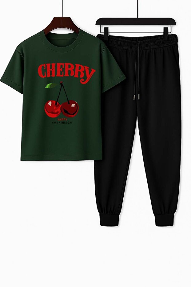 Unisex Green Cherry Printed Top and Bottom Tracksuit Set