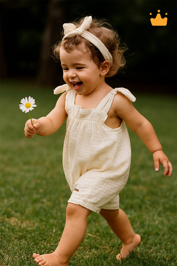0-2 Years Old 100% Cotton Muslin Strap Strap Baby Girl Summer Jumpsuit Ecru 22403