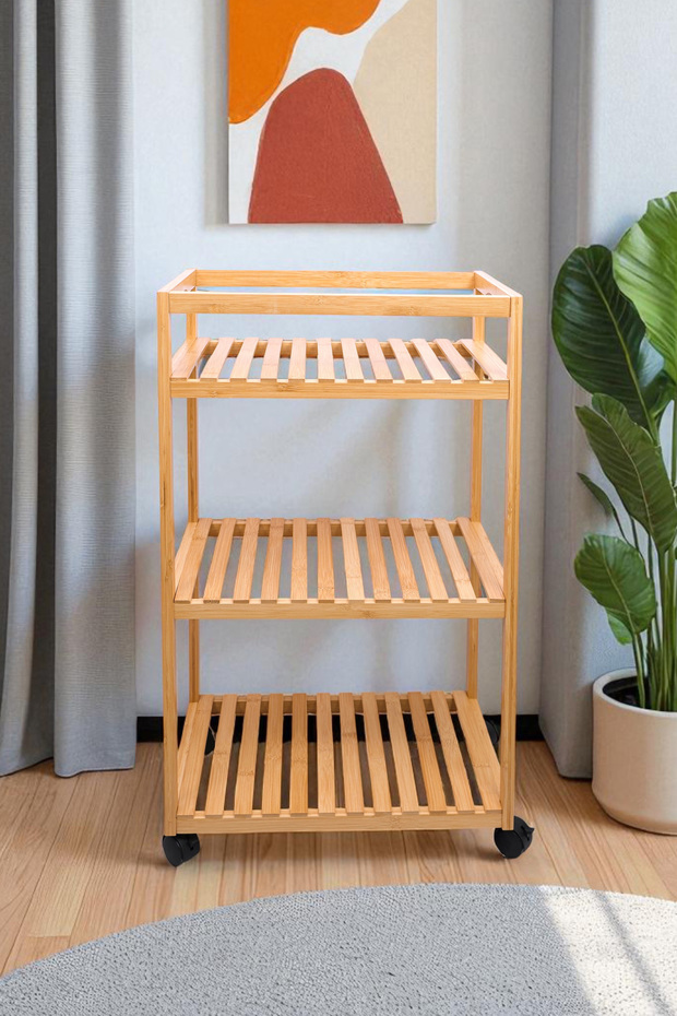 Bambu 3 Raflı Tekerlekli Sunum Servis Arabası Mutfak Rafı Sehpa Banyo Rafı DB-0029 - 2