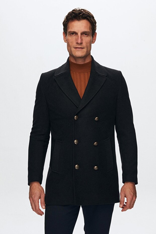Ds Damat Regular Fit Navy Blue Double Breasted Sailor Metal Button Detailed Cashmere Coat
