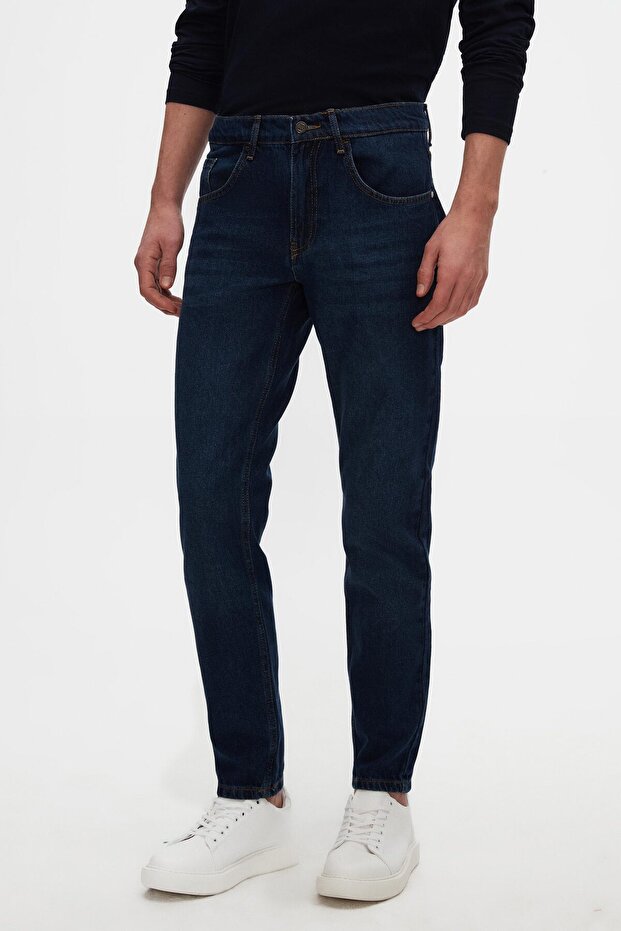Ds Damat Comfort Fit Navy Blue Straight Jean Jeans Five Pockets Washed Denim Trousers
