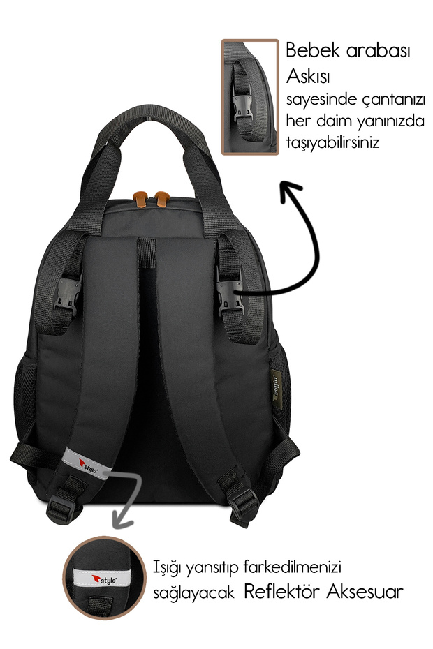Popi Anne Bebek Bakım Ve Sırt Çantası Siyah – Termal Biberon Bölmeli Geniş Hacimli Şık Tasarım - 6