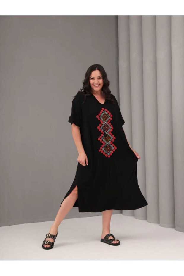 Viskon Oversize Elbise Nakışlı - 1