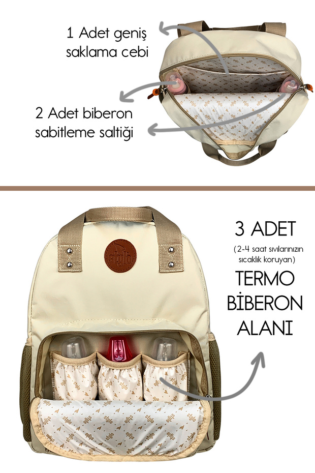 Popi Anne Bebek Bakım Ve Sırt Çantası Bej – Termal Biberon Bölmeli Geniş Hacimli Şık Tasarım - 7