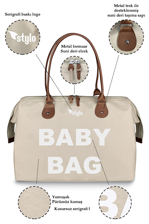 Baby Bag Baskılı Tek Anne Bebek Bakım Omuz Çantası - Vizon - 3
