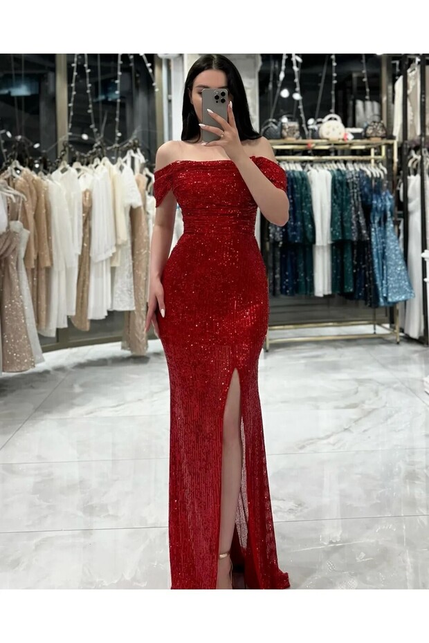 Andrea Long Sequin Evening Dress with Back Tie Detail, V-Neck, and Front Slit (Hijab)