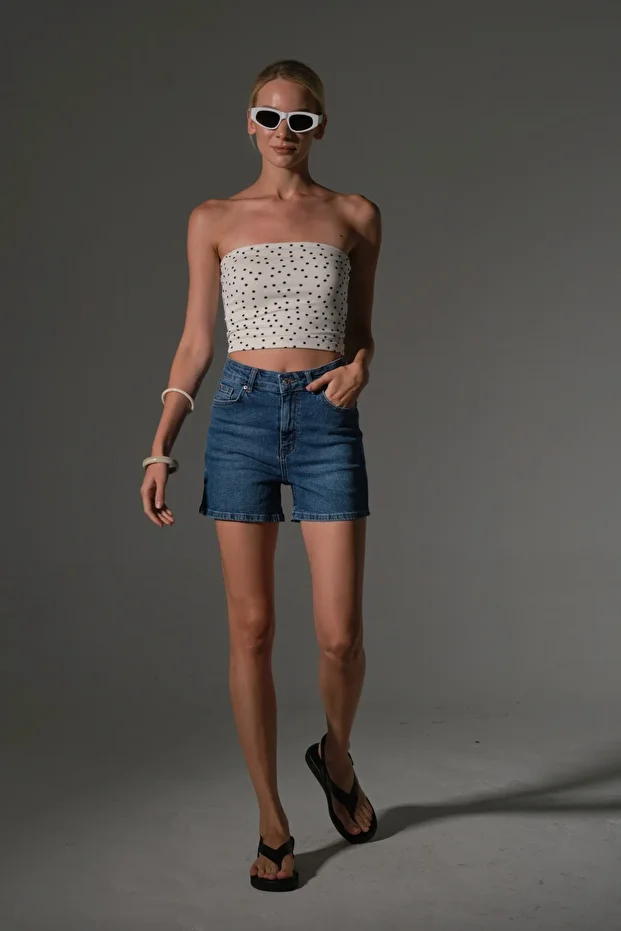 Esnek Denim Kumaş Pamuk Elastan 5 cep kot mini kadın jean şort - 3