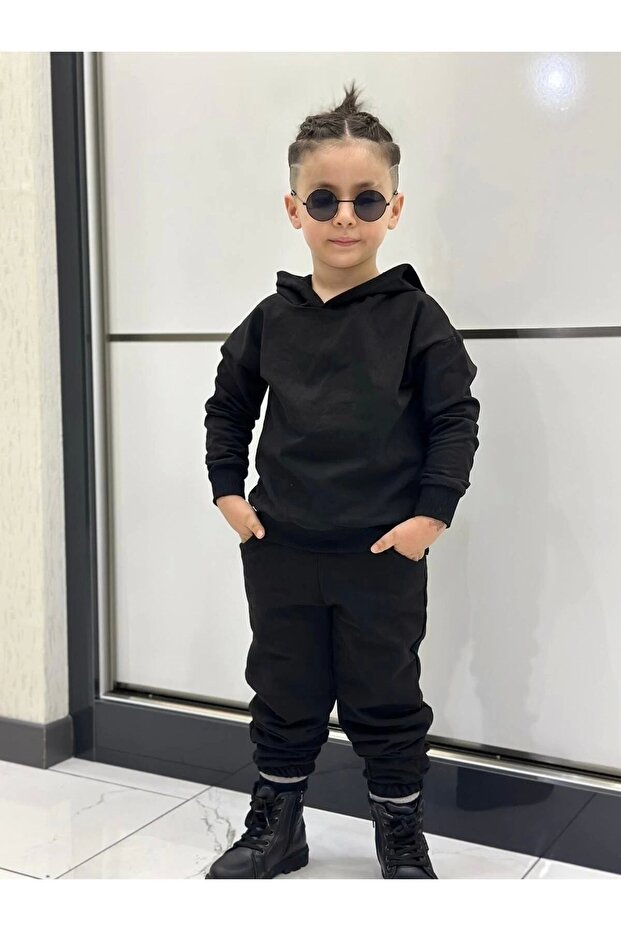 Black Hooded Basic Tracksuit Set - Unisex
