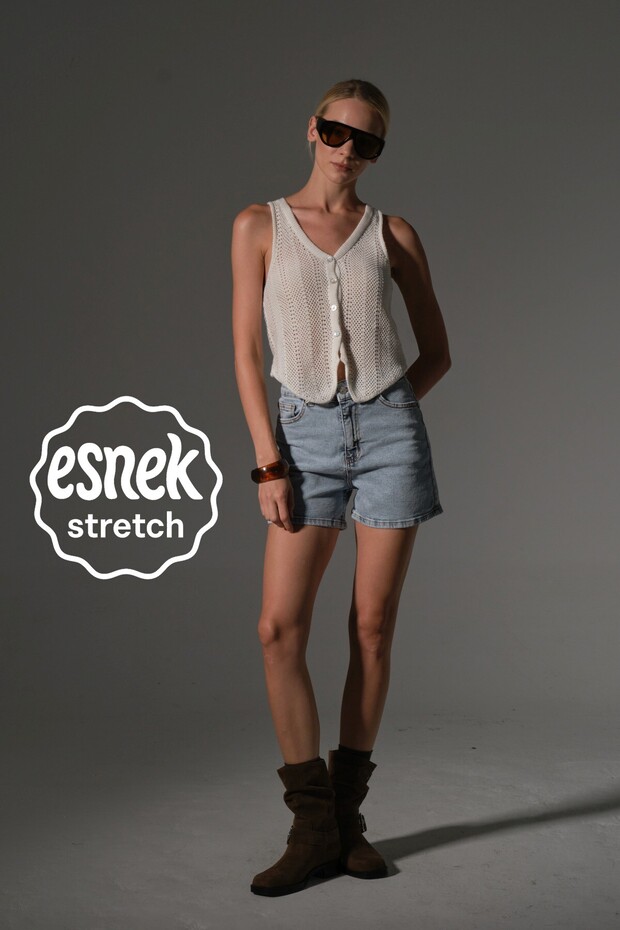 Esnek Denim Kumaş Pamuk Elastan 5 cep kot mini kadın jean şort - 1