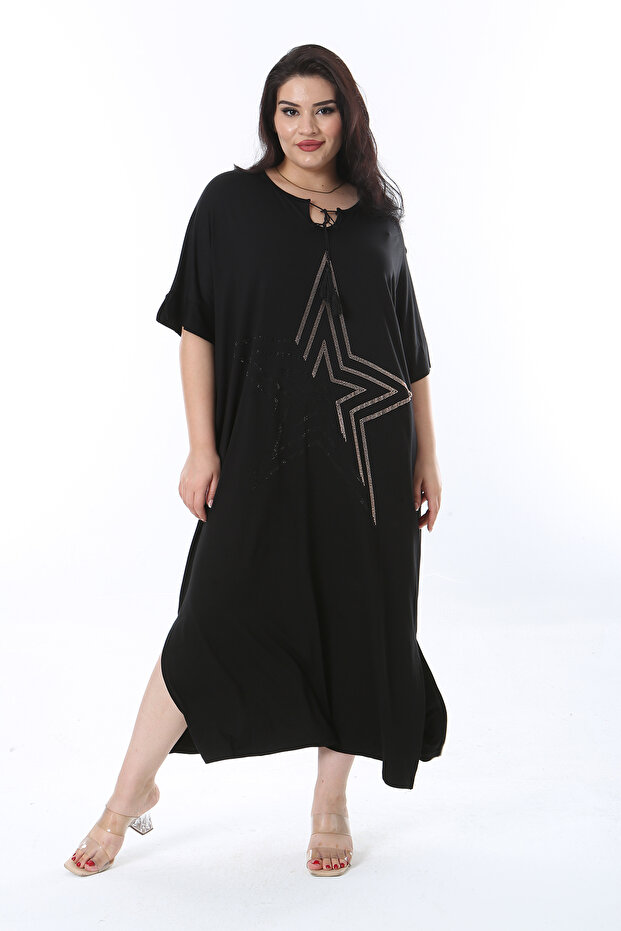 Women's Large Size Black Comfortable Cut Stone Detailed Dress 65N38202