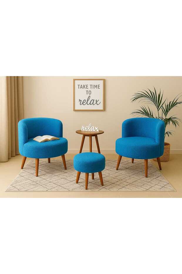 Mavi Çay Seti İkili Koltuk Berjer ve Puf Takımı (Salon, Balkon, Ofis) 3'Lü Takım - 3
