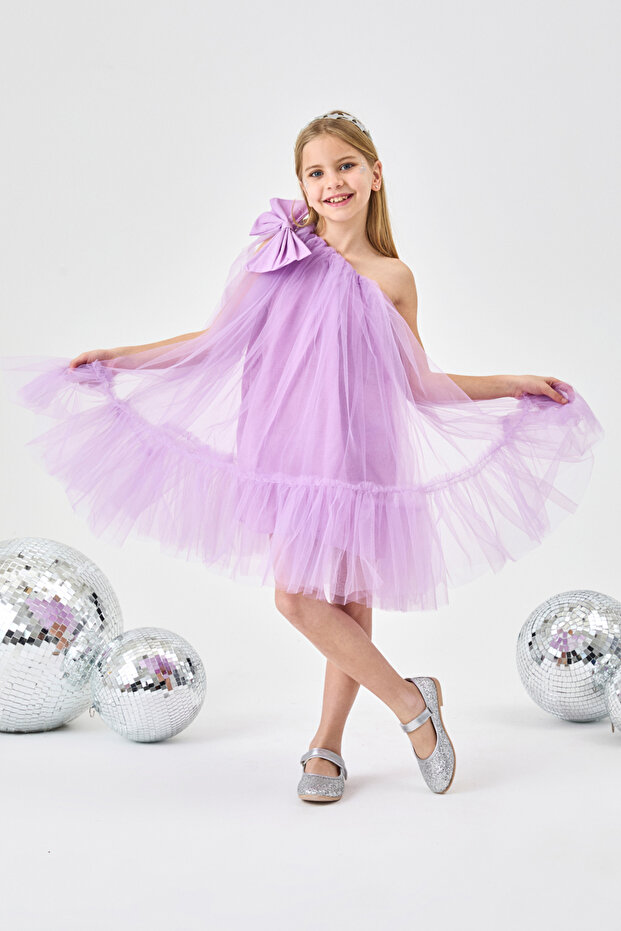 Lila  Tek Omuzlu Fiyonklu Kız Çocuk Tül Elbise - Orlene - 2