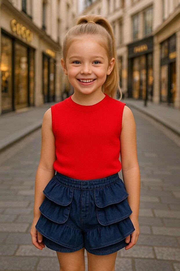 Girls' Ribbed Crop Tank Top Set with Ruffled Denim Shorts