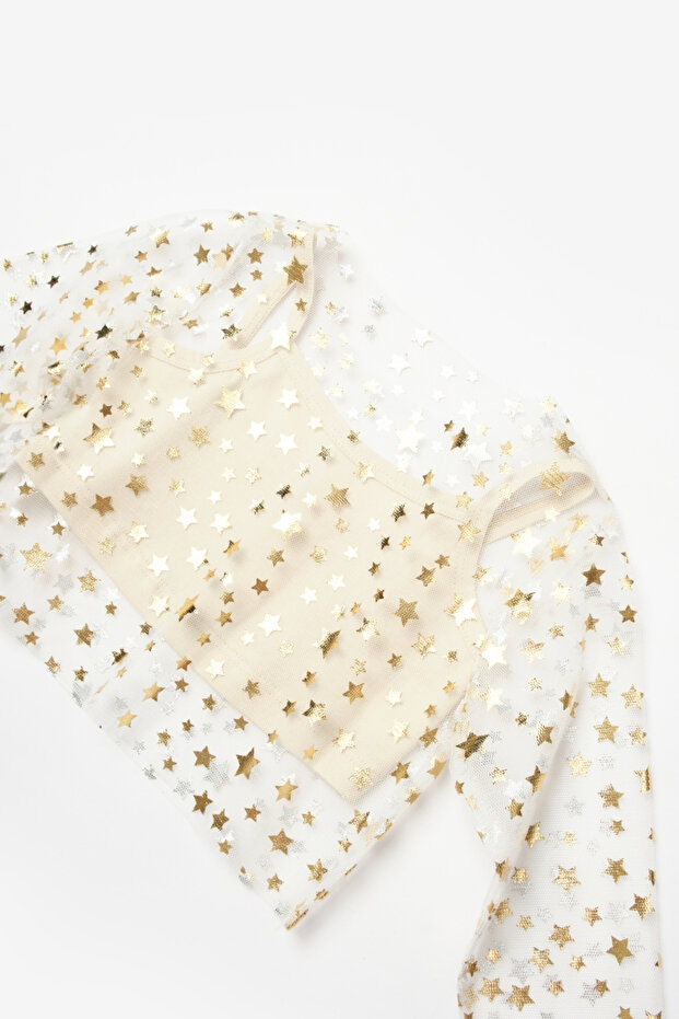 Ekru Uzun Kollu Yıldızlı Kız Çocuk Tül Crop - 6
