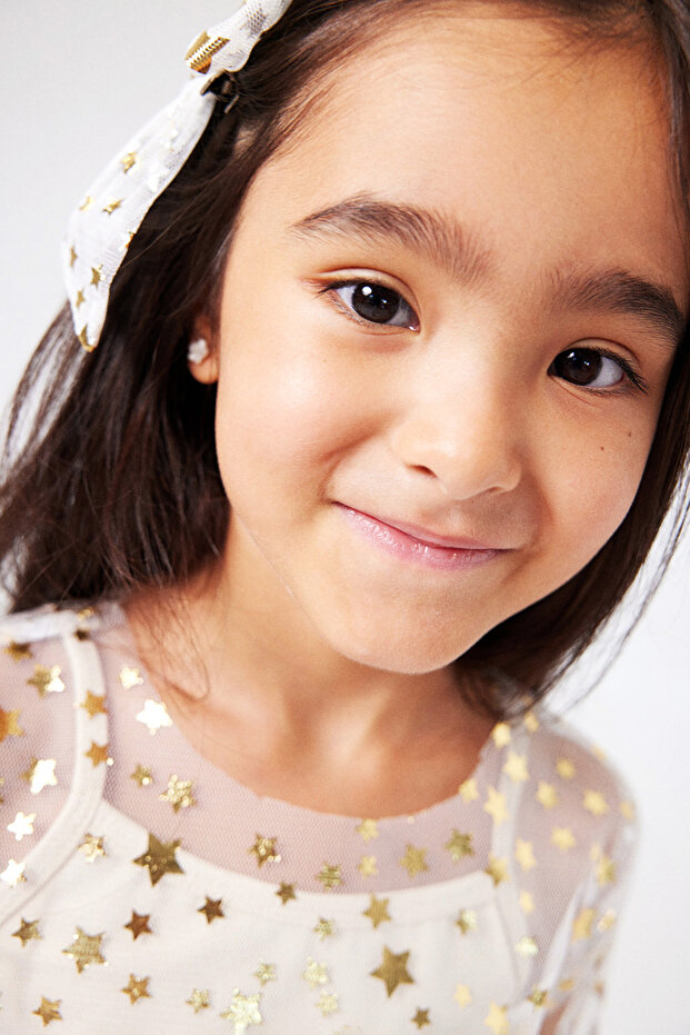 Ekru Uzun Kollu Yıldızlı Kız Çocuk Tül Crop - 3