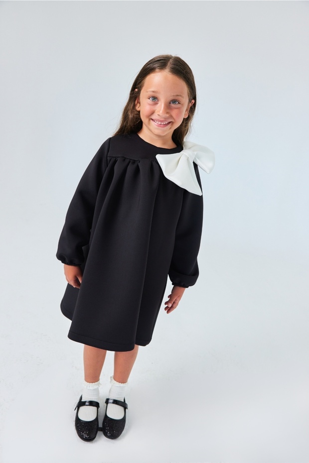 Black Shoulder Girl's Dress with Bow Detail - Leah