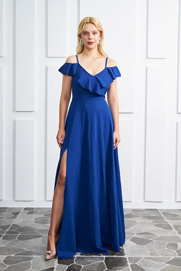 Women's Collar Design Slit Flexible Crepe Fabric Strap Chest Flounced Cobalt Blue Evening Dress582190