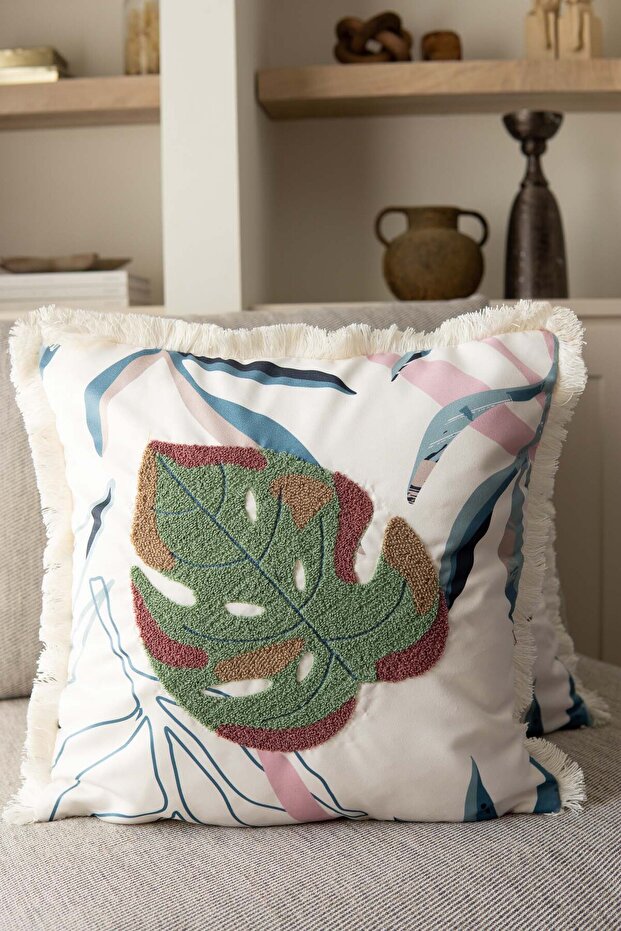 Punch Embroidered and Fringed Throw Pillow Case - 1 Piece - 43*43 cm - Monstera - Pnk001