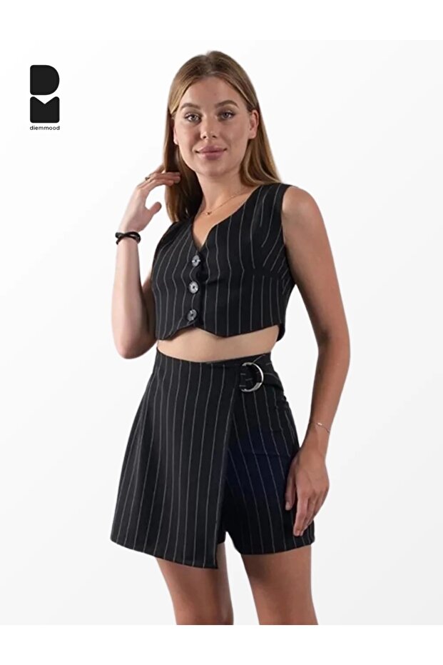 Women's Black Striped Crop Vest