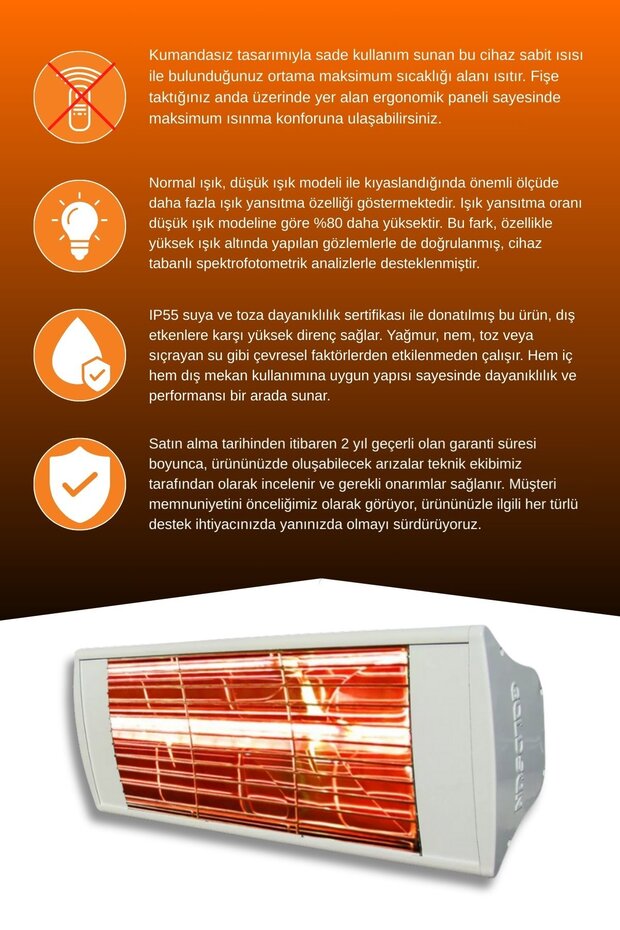 Supra 2000 Watt GSS20 Kumandasız Suya Dayanıklı Elektrikli İnfrared Isıtıcı-Beyaz - 4