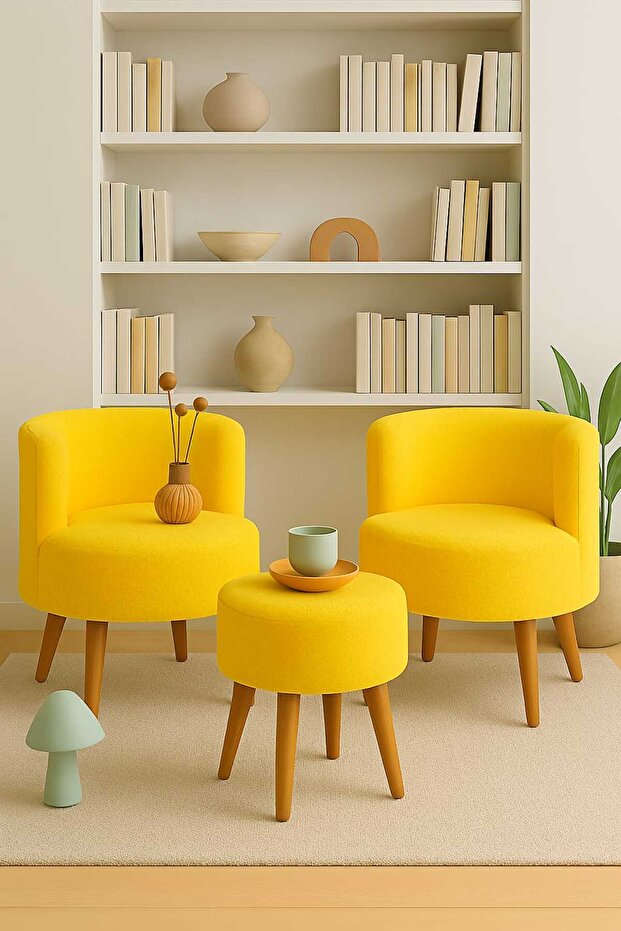 Sarı Çay Seti İkili Koltuk Berjer ve Puf Takımı (Salon, Balkon, Ofis) 3'Lü Takım - 1