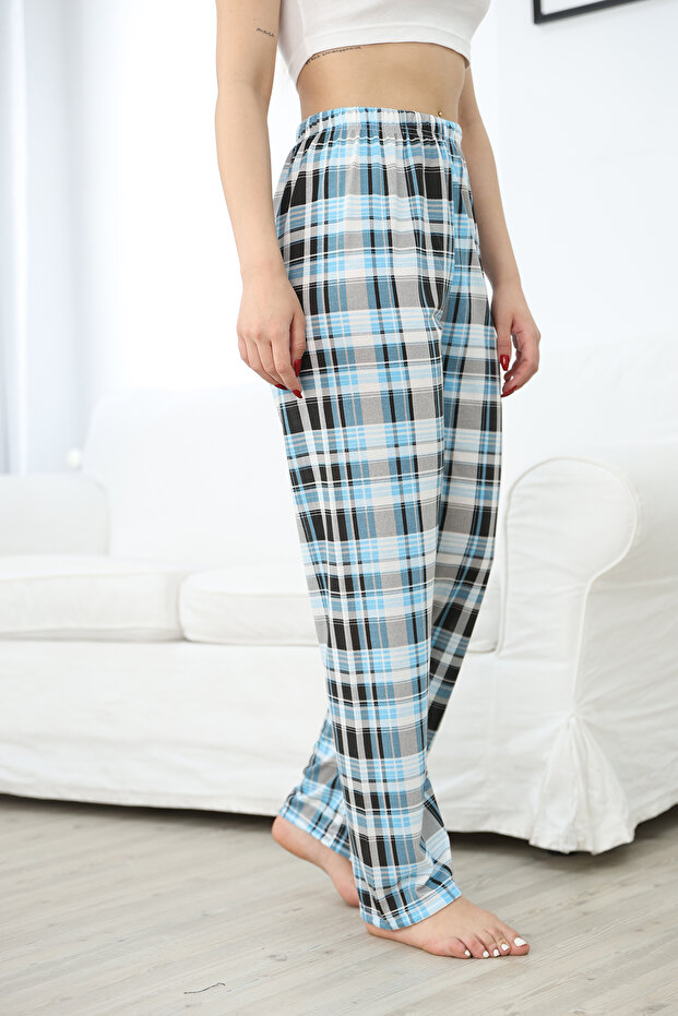 Plaid Printed Unisex Relaxed High Waist Viscose Fabric Pajama Bottoms Blue