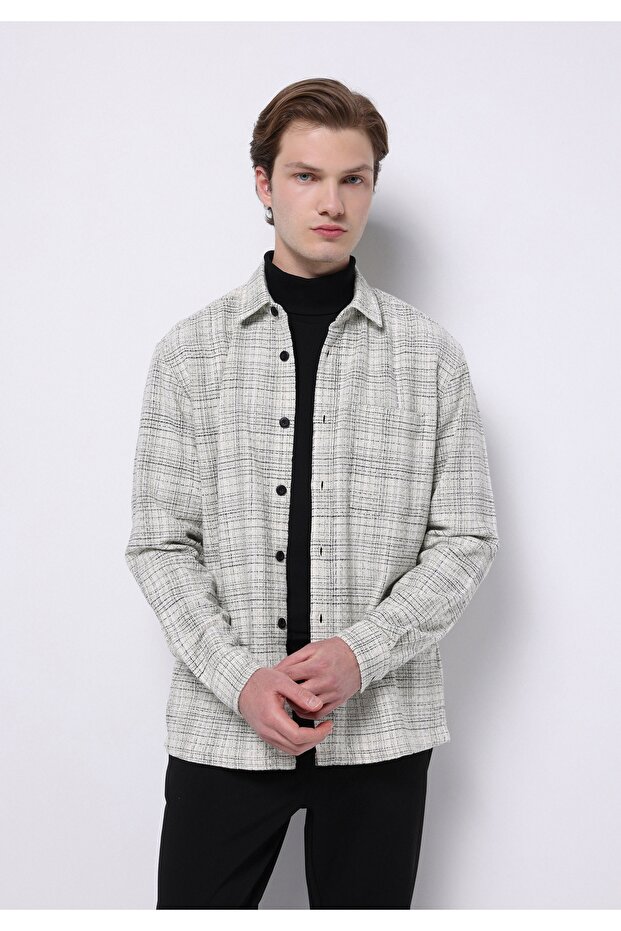 Regular Fit Shirt Neck Plaid Men's Ecru Long Sleeve Shirt
