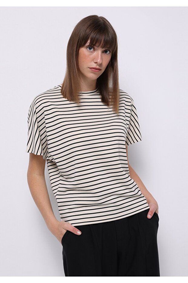 Regular Fit Round Neck Striped Women's Ecru Short Sleeve T-Shirt