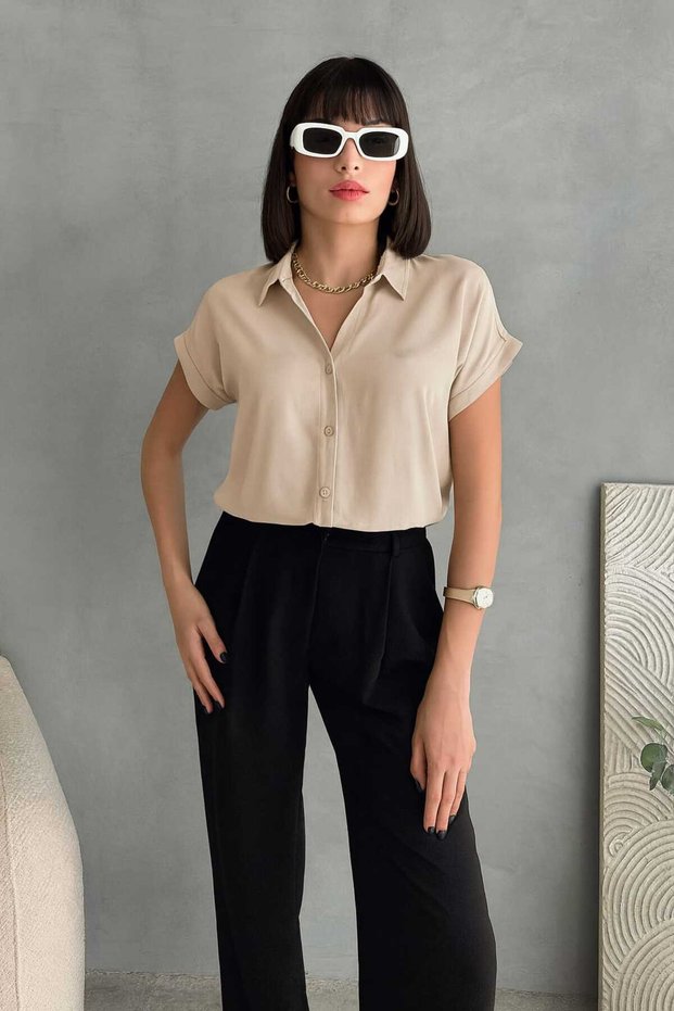 Women's Shirt Beige Short Sleeve