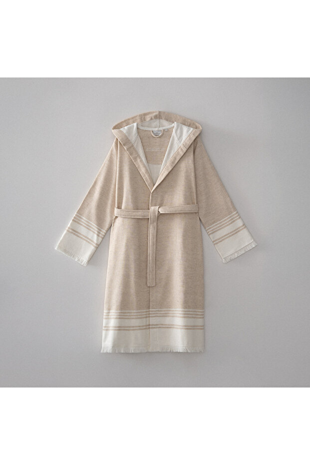 Erva Women's Bathrobe 100% Organic Cotton Linen Melange Beige